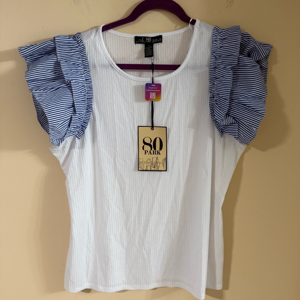White And Blue Striped Ruffle Sleeve Top
